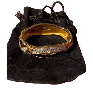 Swarovski vintage enamel, clear, crystal hinged bracelet, gold and black ￼